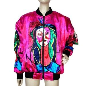 Vintage Colorful Picasso Abstract Jewel Tone Satin Zip-Up Bomber Jacket M/L/XL